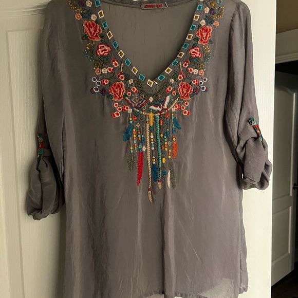 Johnny Was Charcoal Blouse with Colorful Embroidery - Picture 2 of 9